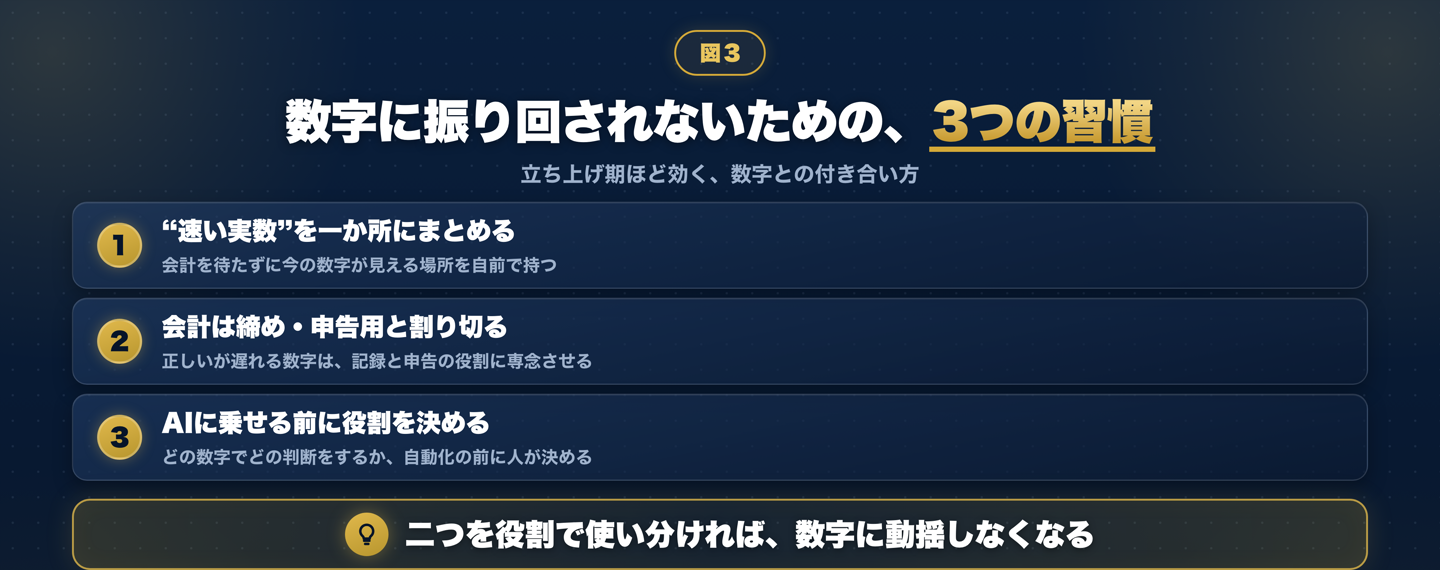 数字に振り回されないための3つの習慣。速い実数を一か所にまとめる、会計は締めと申告用と割り切る、AIに乗せる前にどの数字でどの判断をするかを先に決める、の3点を番号付きで示した図