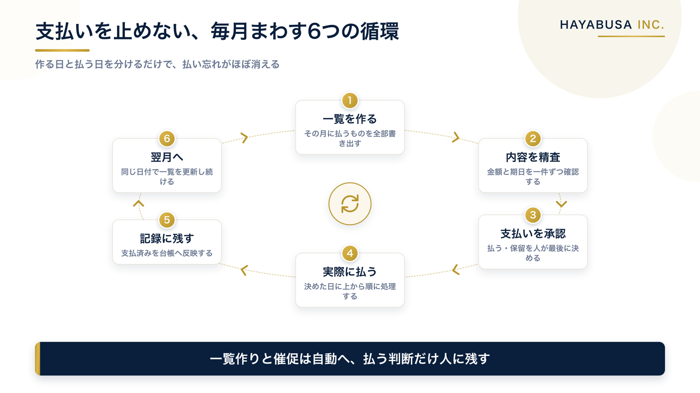 月次支払いを止めないための循環図。一覧を作る、内容を精査する、支払いを承認する、実際に払う、記録する、翌月へ戻るという6つの流れを一周として回す