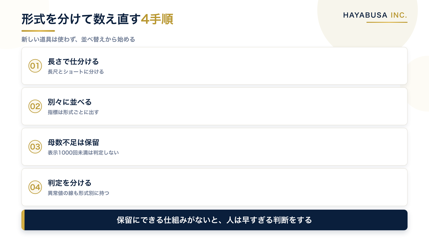 形式を分けて数え直す4つの手順を並べた図解。動画を長尺とショートに仕分ける、指標を形式ごとに並べる、母数の足りない動画を保留にする、判定ルールを形式別に持つ、の順を示す