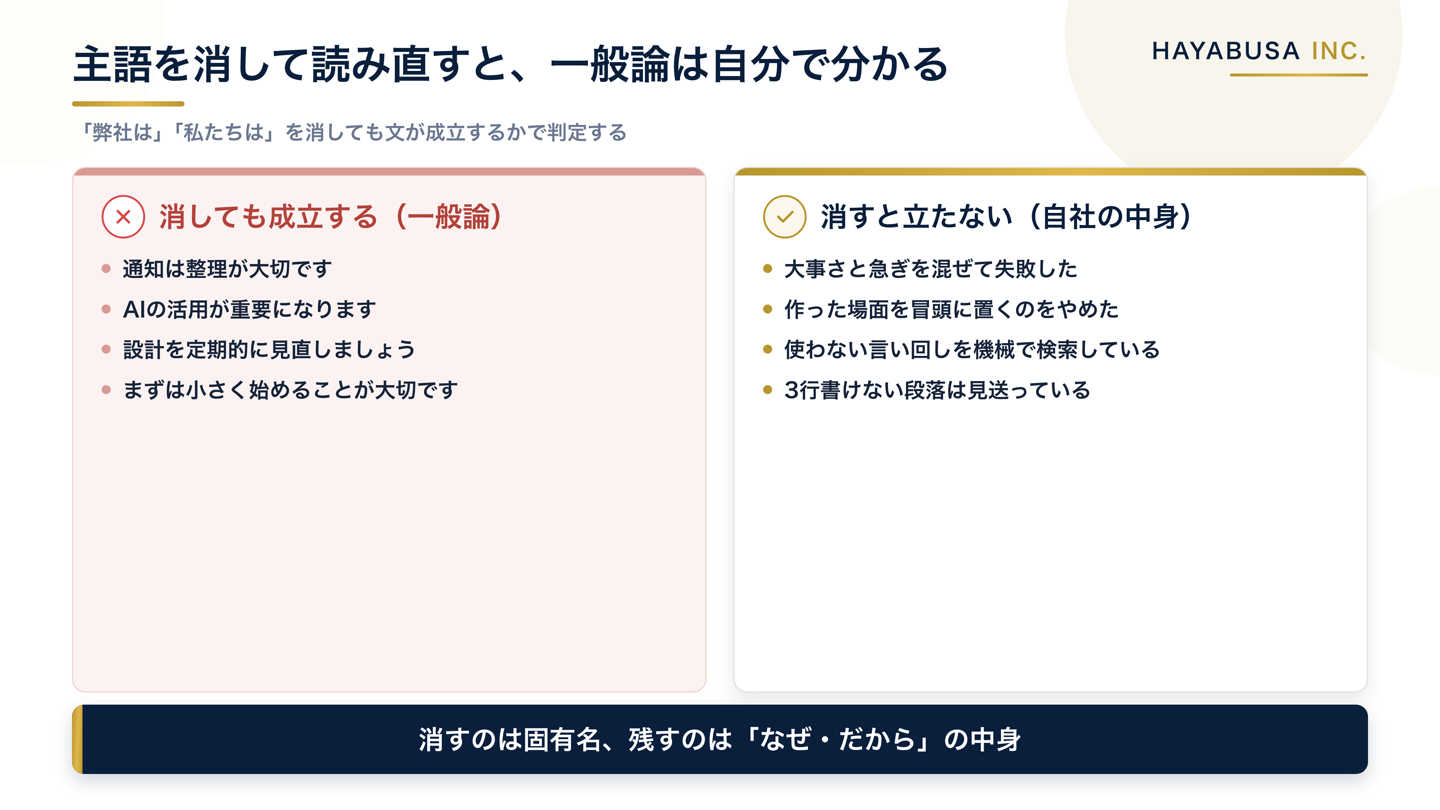 弊社はという主語を消しても成立する一般論の段落と、主語を消すと文が立たなくなる自社固有の段落を並べ、消しゴムテストの判定基準を示した比較図