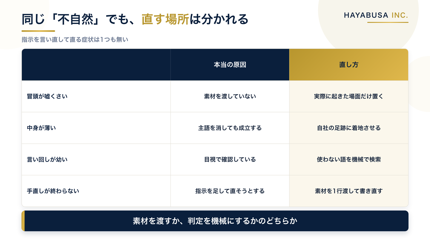AIの文章に出る冒頭が嘘くさい・中身が薄い・言い回しが幼いという3つの症状について、原因と直し方を並べて示した比較表