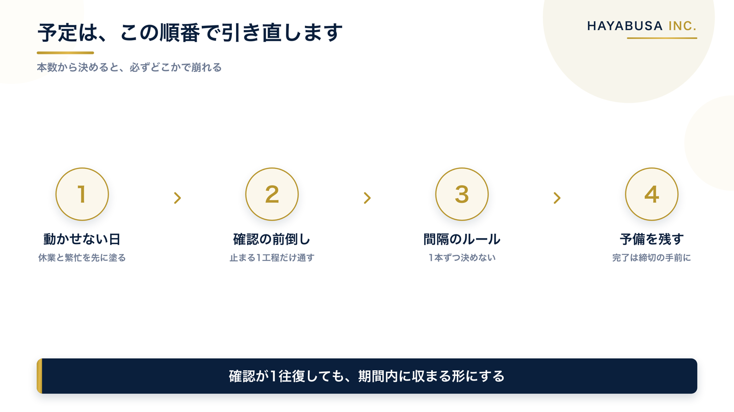 投稿予定を引き直す4つの手順として、動かせない日を先に置く、相手待ちの工程を前倒しする、間隔のルールから日付を出す、完了日を締切の手前に置く、を順に並べた図