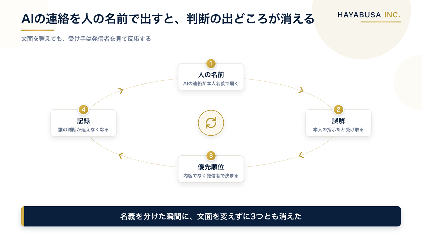 AIの連絡を人の名義のまま出したときに起きる連鎖を示した循環図。人の名前で届く、受け手が本人の指示と受け取る、内容より発信者で優先順位が決まる、後から誰の判断か追えなくなる、の4段階が循環することを示している