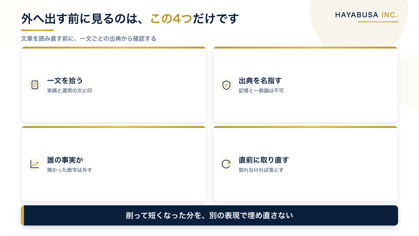 対外文面を送る前に確認する4項目を並べたチェック表の図